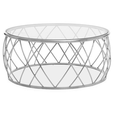 Ackley clear glass silver round coffee table, styled living room