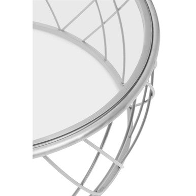 Ackley clear glass silver round coffee table, tabletop detail