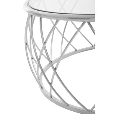 Ackley clear glass silver round coffee table, close up view 2