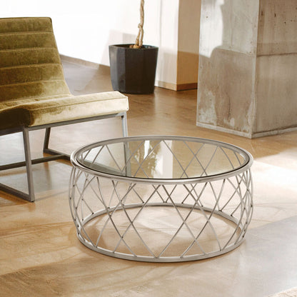 Ackley clear glass silver round coffee table, front view