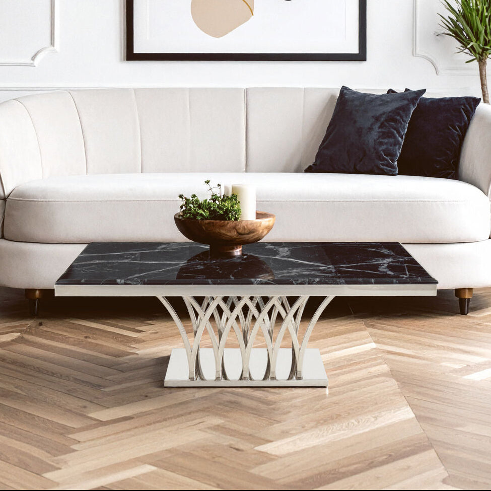 Arenza black marble silver frame coffee table, front view