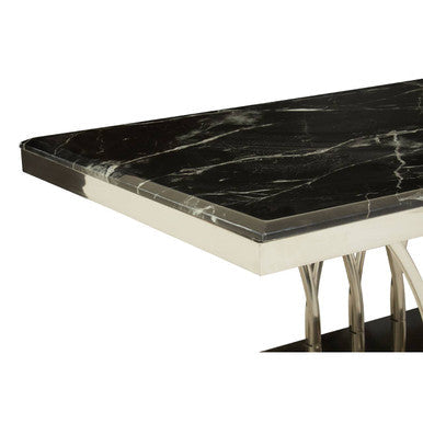 Arenza black marble silver frame coffee table, close up view 1