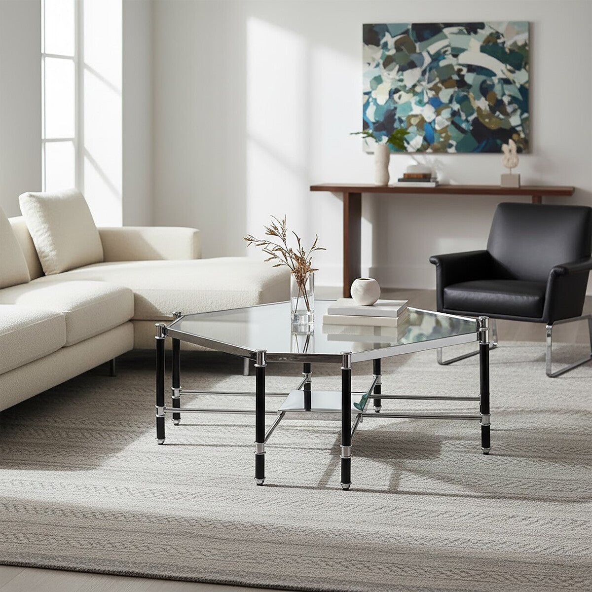 Allessi octagonal glass chrome coffee table, styled living room 1