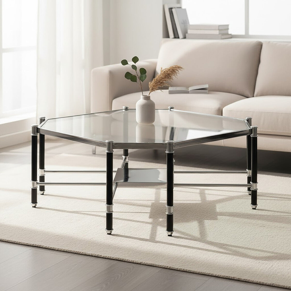 Allessi octagonal glass chrome coffee table, front view