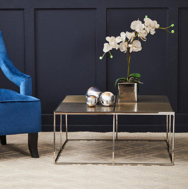 Oria brushed silver and gold coffee table, styled living room 1