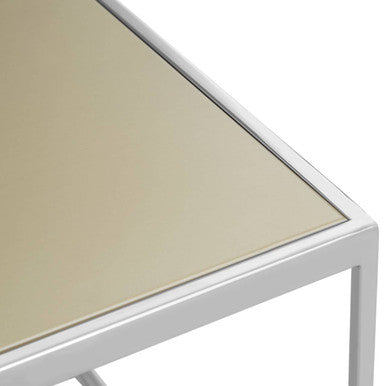 Oria brushed silver and gold coffee table, close up view 2