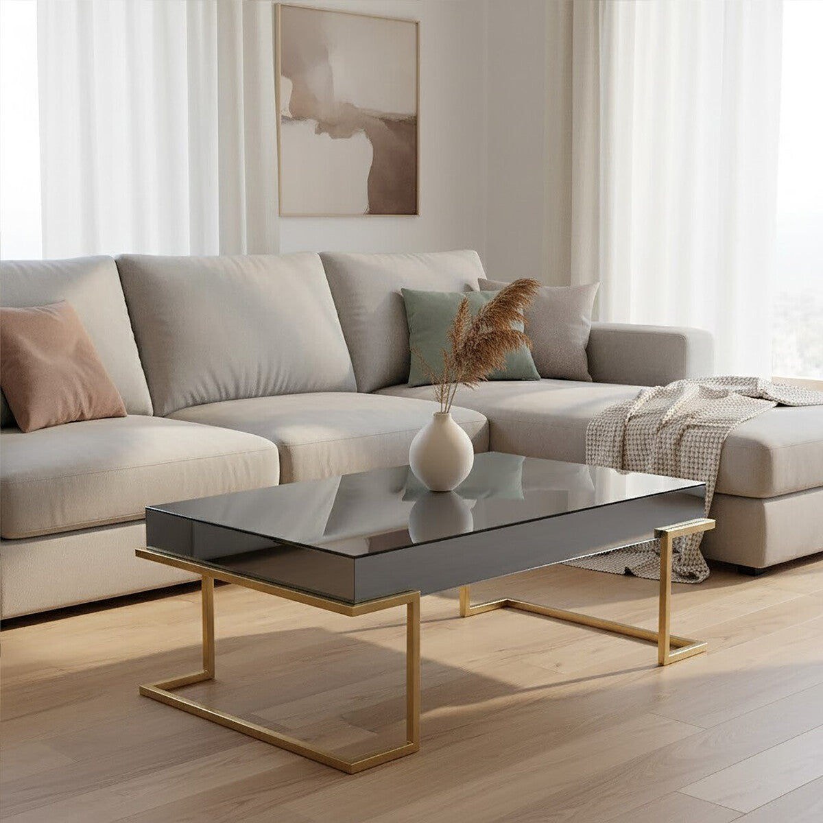 Kaso grey mirrored gold coffee table, front view