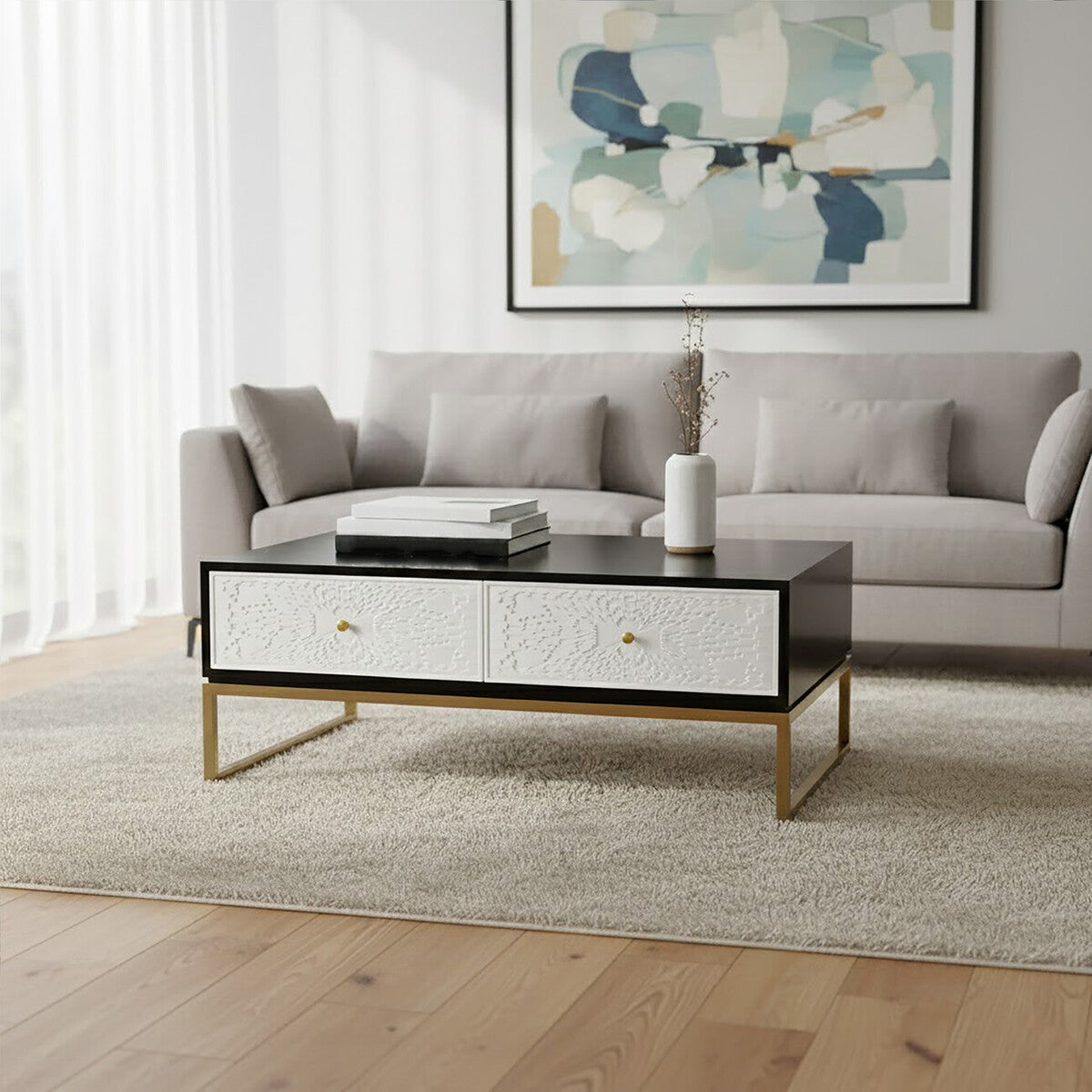 Dumas black and white 4 drawer coffee table, styled living room