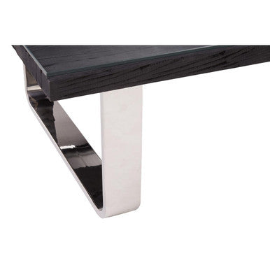 Kerala black recycled wood curved legs coffee table, close up view 3