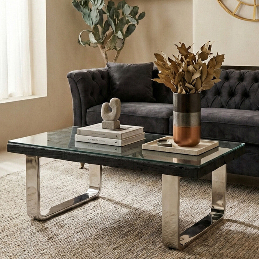 Kerala black recycled wood curved legs coffee table, front view