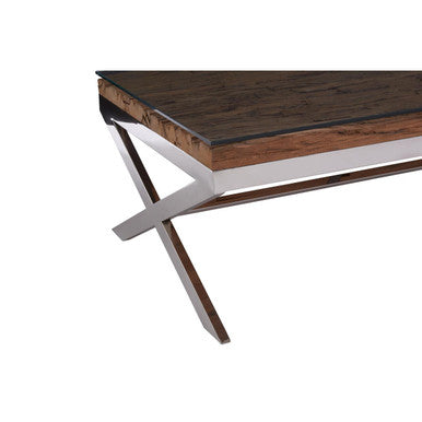 Kerala natural recycled wood cross base coffee table, close up view 1
