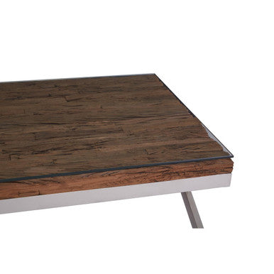 Kerala natural recycled wood cross base coffee table, close up view 3