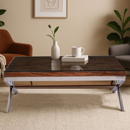 Kerala natural recycled wood cross base coffee table, front view