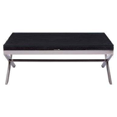 Kerala black recycled wood and glass coffee table, side angle
