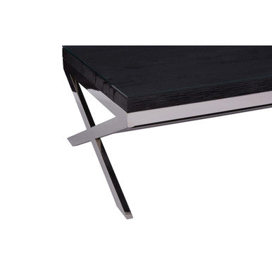 Kerala black recycled wood and glass coffee table, close up view 1