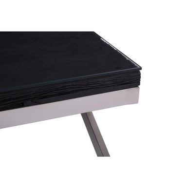 Kerala black recycled wood and glass coffee table, close up view 2