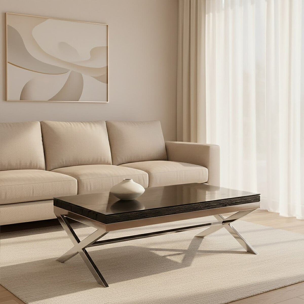 Kerala black recycled wood and glass coffee table, styled living room 1