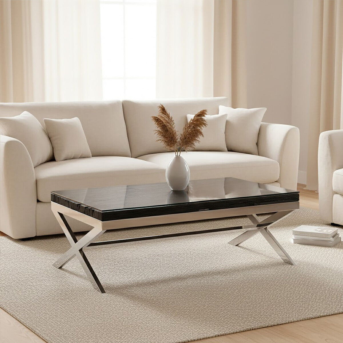 Kerala black recycled wood and glass coffee table, front view