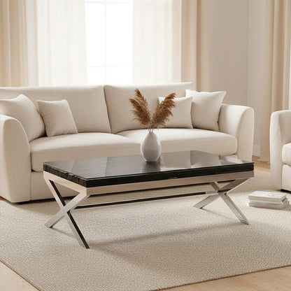 Kerala black recycled wood and glass coffee table, front view