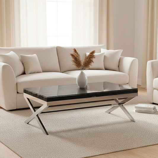Kerala black recycled wood and glass coffee table, front view