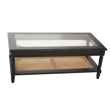 Corso black rattan coffee table, rattan shelf detail