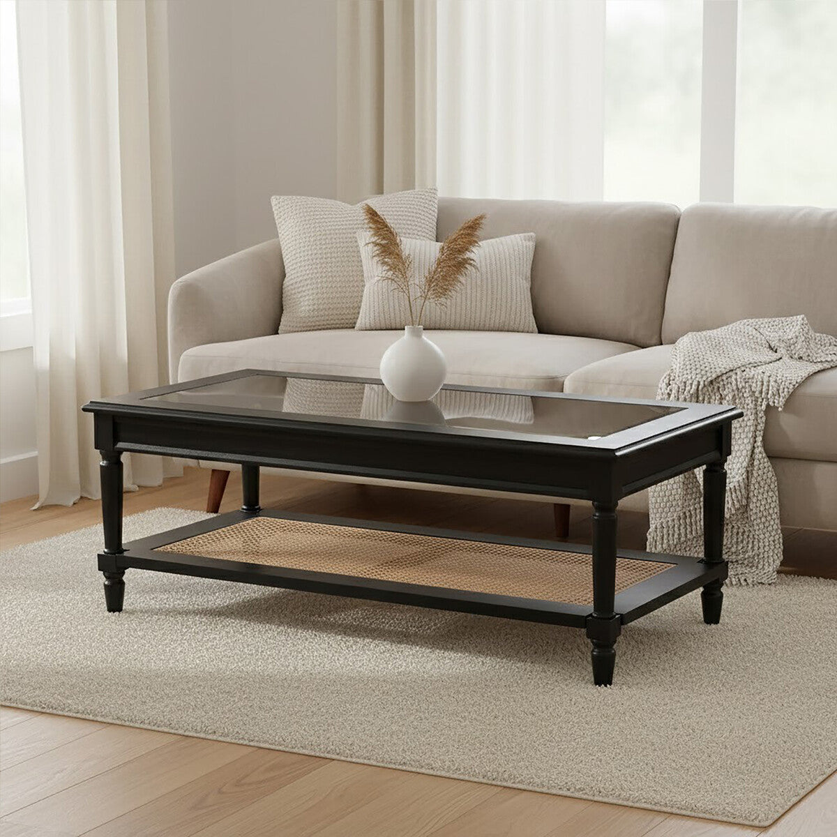 Corso black rattan coffee table, styled living room