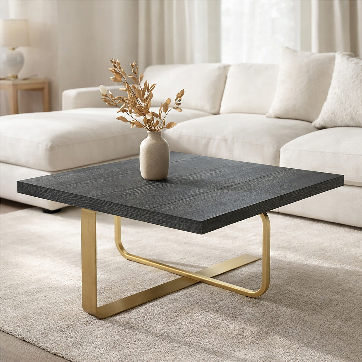 Lena oak veneer brushed gold coffee table, front view