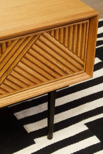 Jakara natural oak veneer 2 drawer coffee table, close up view 1