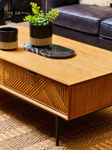 Jakara natural oak veneer 2 drawer coffee table, close up view 2