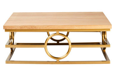 Jarloi oak wood and gold coffee table, side angle