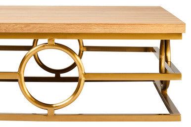 Jarloi oak wood and gold coffee table, close up view 1