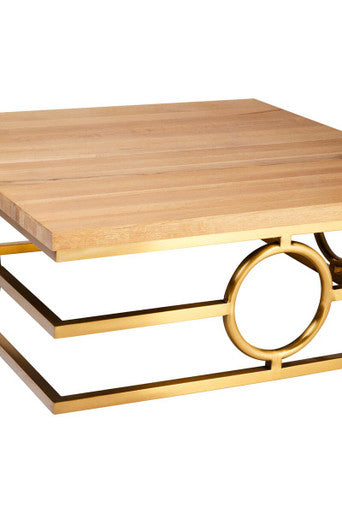 Jarloi oak wood and gold coffee table, close up view 2