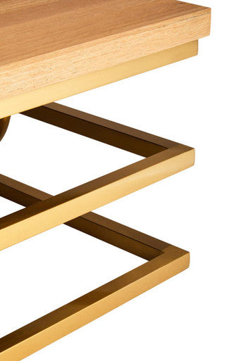 Jarloi oak wood and gold coffee table, close up view 3
