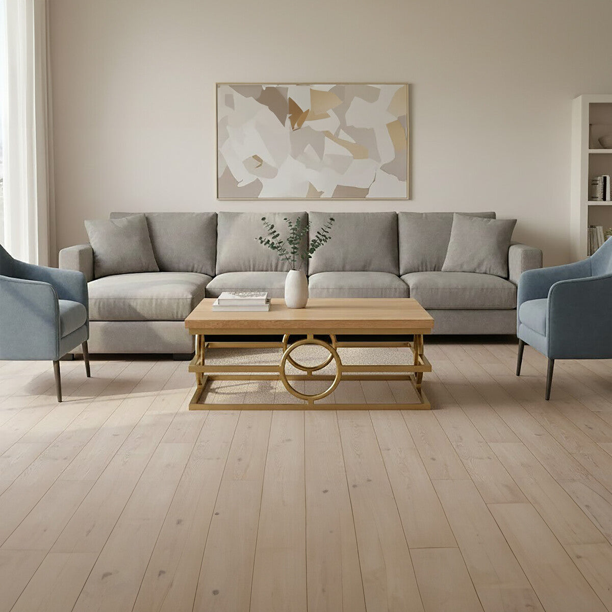 Jarloi oak wood and gold coffee table, styled living room