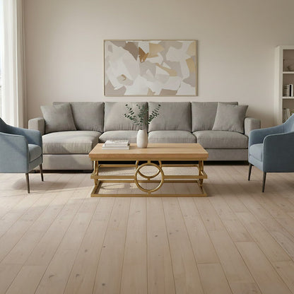 Jarloi oak wood and gold coffee table, styled living room