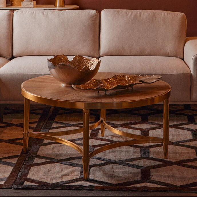 Jana natural wood round coffee table, living room setting