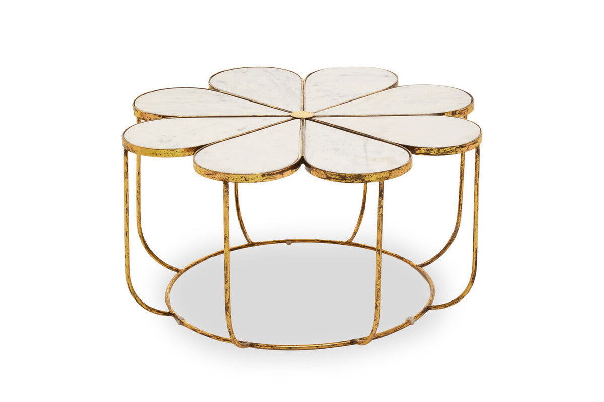 Rabia white marble petal design coffee table, side angle