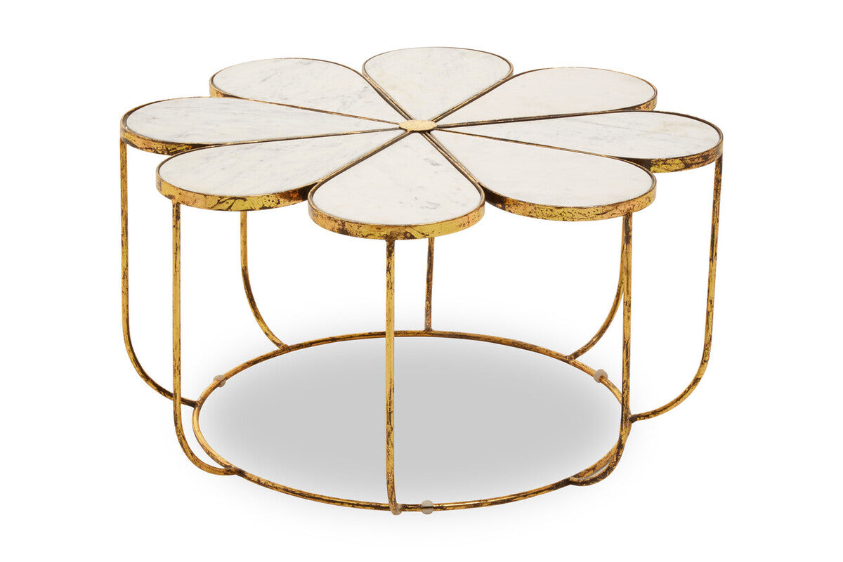 Rabia white marble petal design coffee table, close up view 1