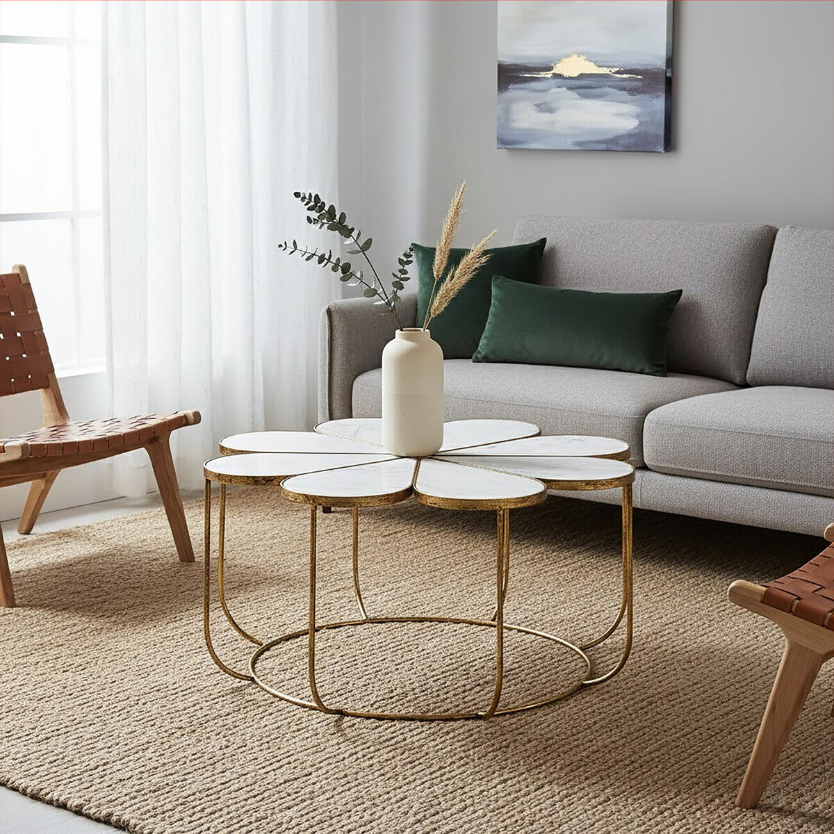 Rabia white marble petal design coffee table, tabletop detail