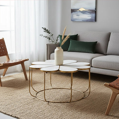 Rabia white marble petal design coffee table, tabletop detail