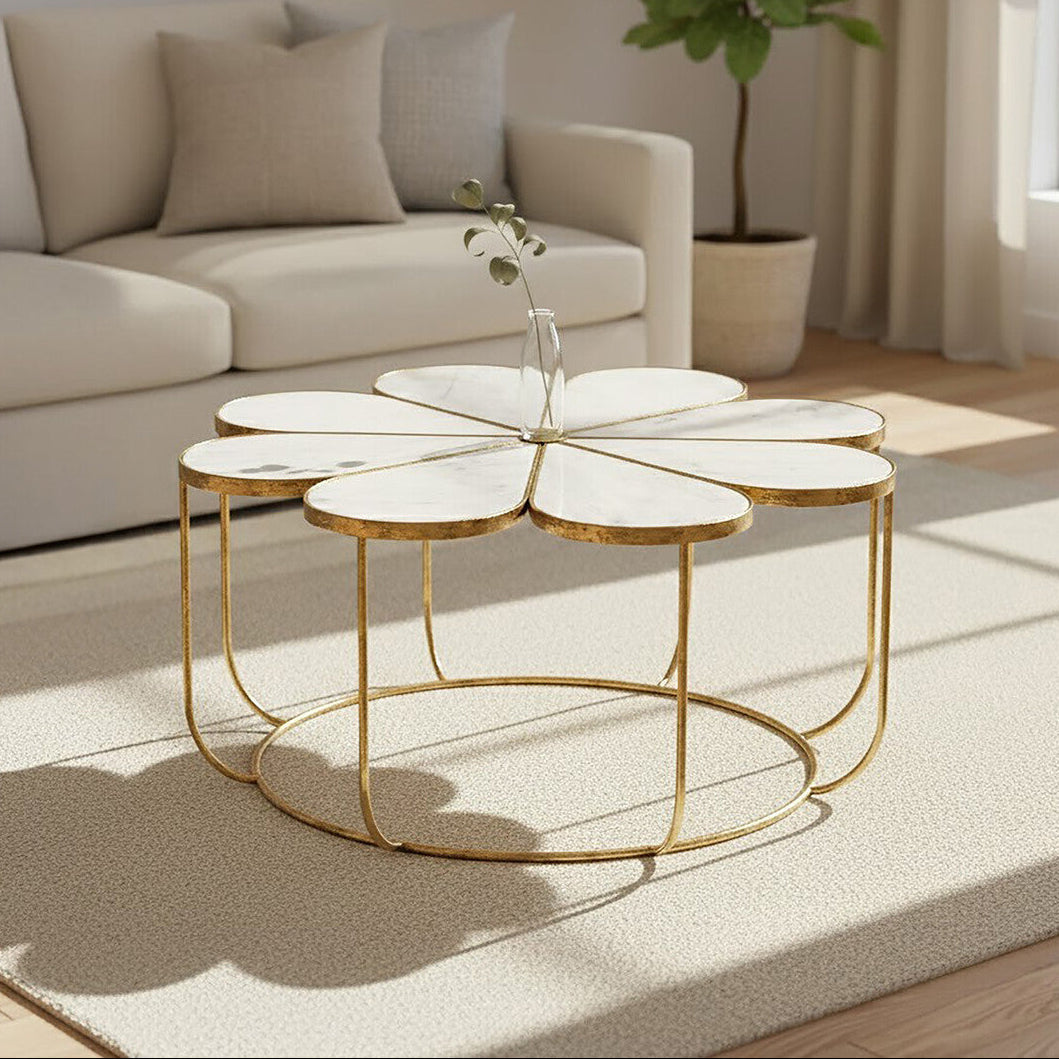 Rabia white marble petal design coffee table, front view