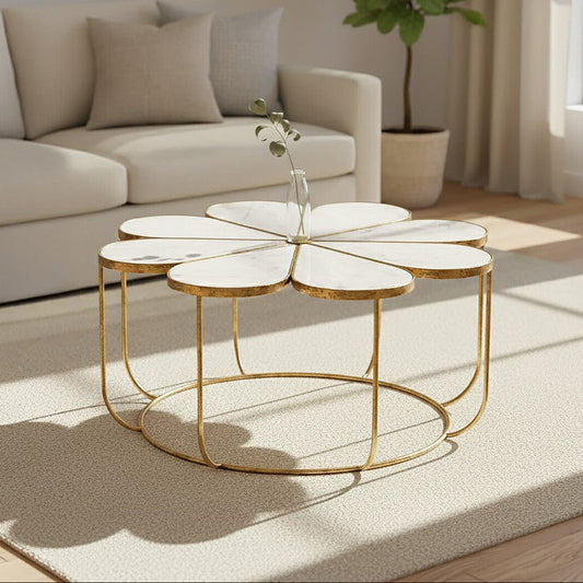 Rabia white marble petal design coffee table, front view
