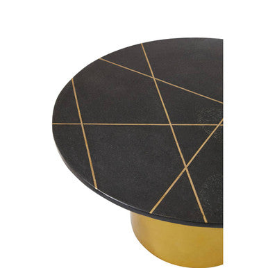 Rabia black marble round coffee table, styled view 1