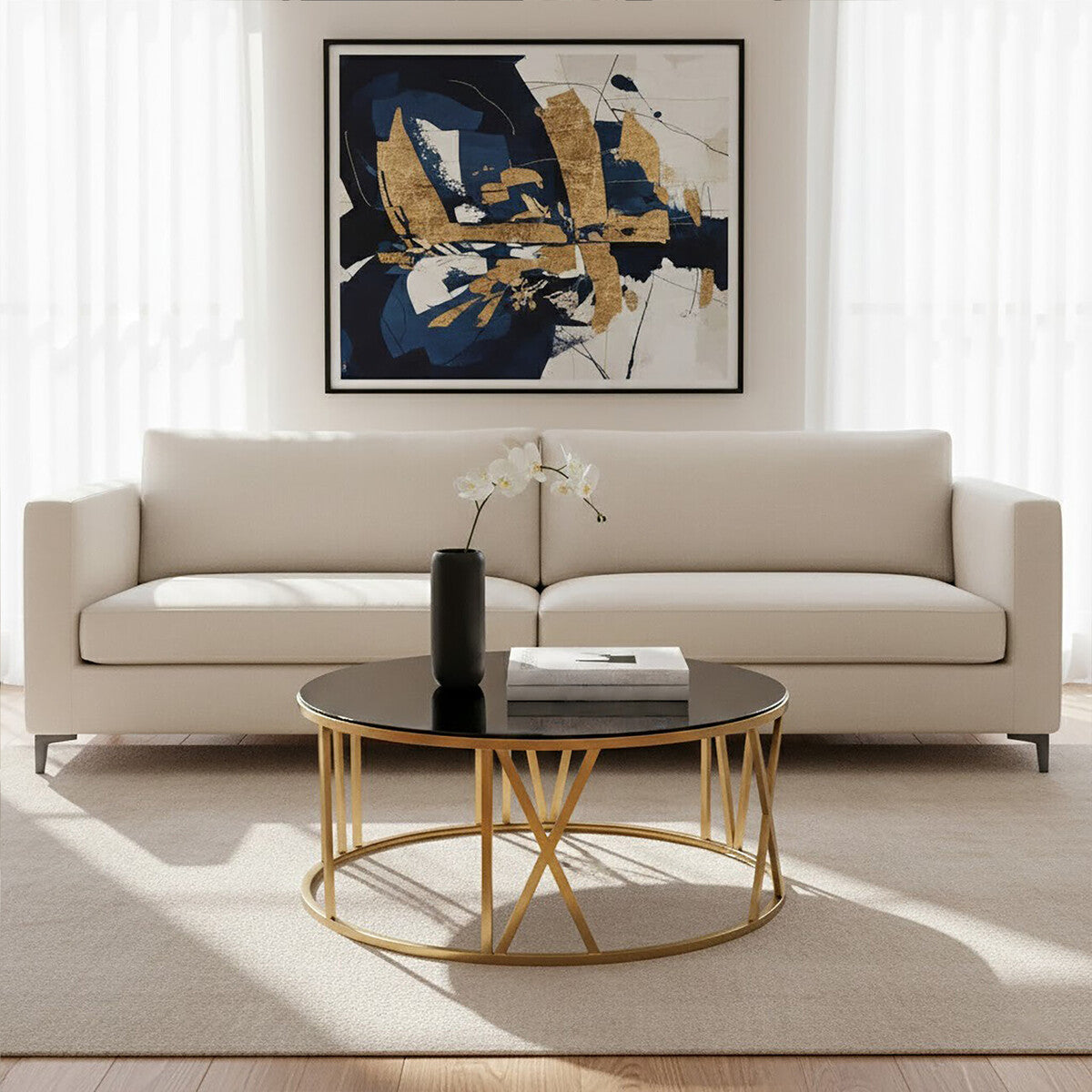 Alana black glass round coffee table, styled living room
