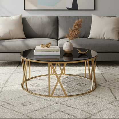 Alana black glass round coffee table, front view