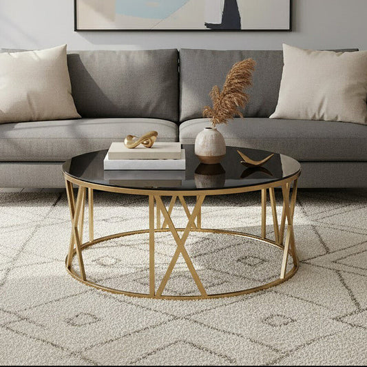 Alana black glass round coffee table, front view