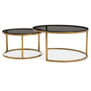 Alana black glass nesting coffee tables, side angle