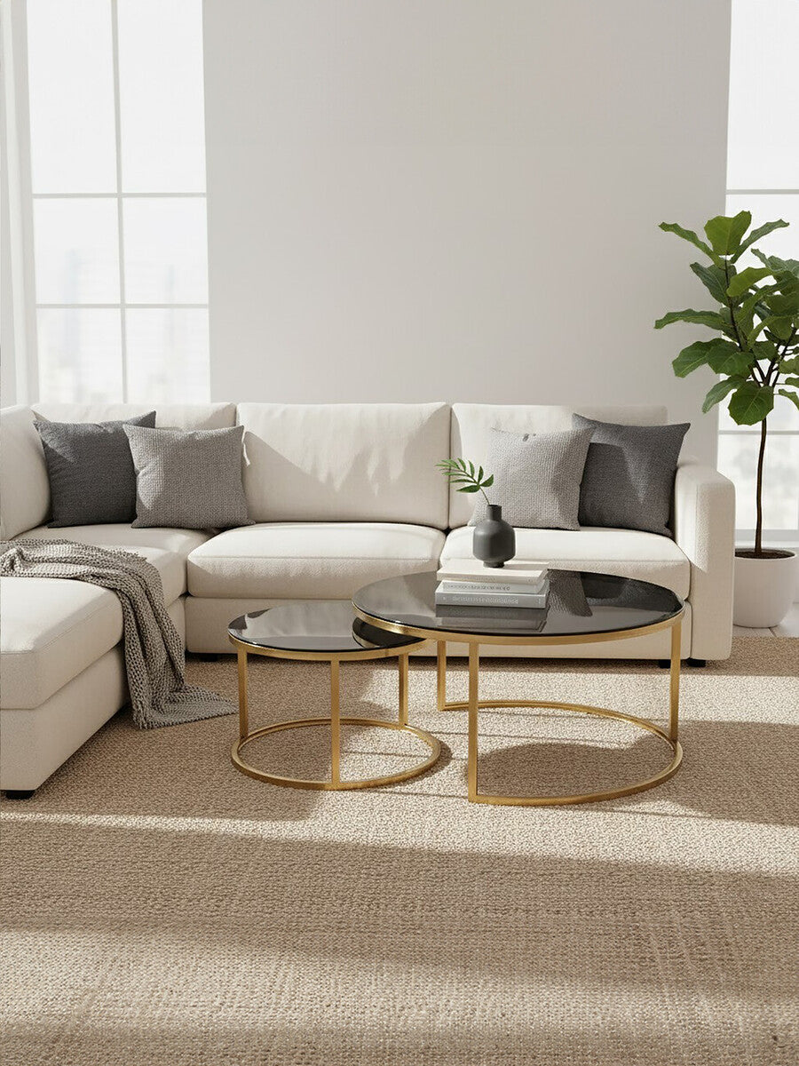 Alana black glass nesting coffee tables, styled living room 4