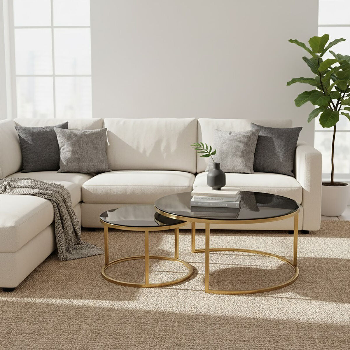 Alana black glass nesting coffee tables, styled living room 2