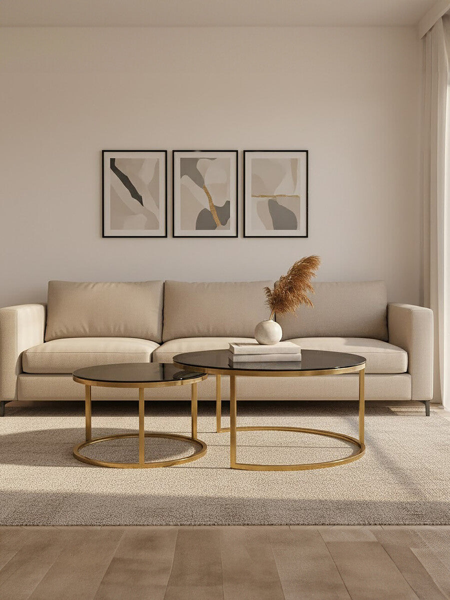 Alana black glass nesting coffee tables, styled living room 3